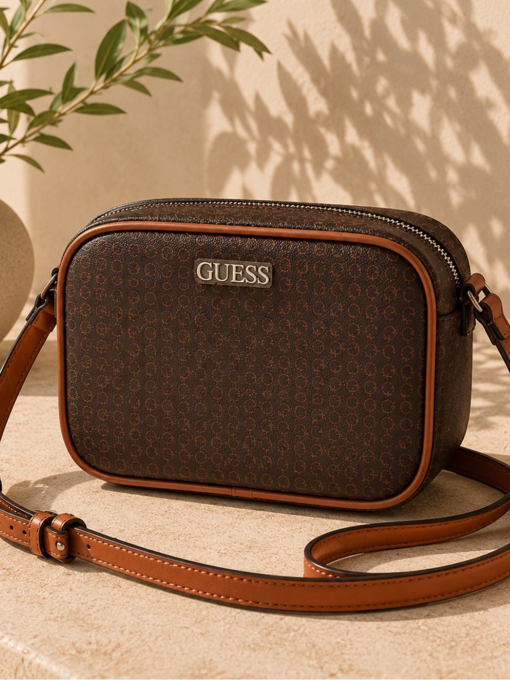 NWT GUESS Brown Monogram Crossbody with Tan Trim